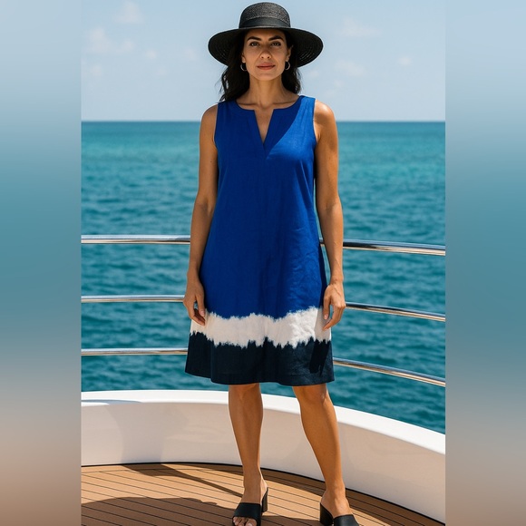 Tahari 100% Linen Ombre Fade Tie Dye Sleeveless Midi Dress Plus Sz 1X Blue Beach - Picture 1 of 10